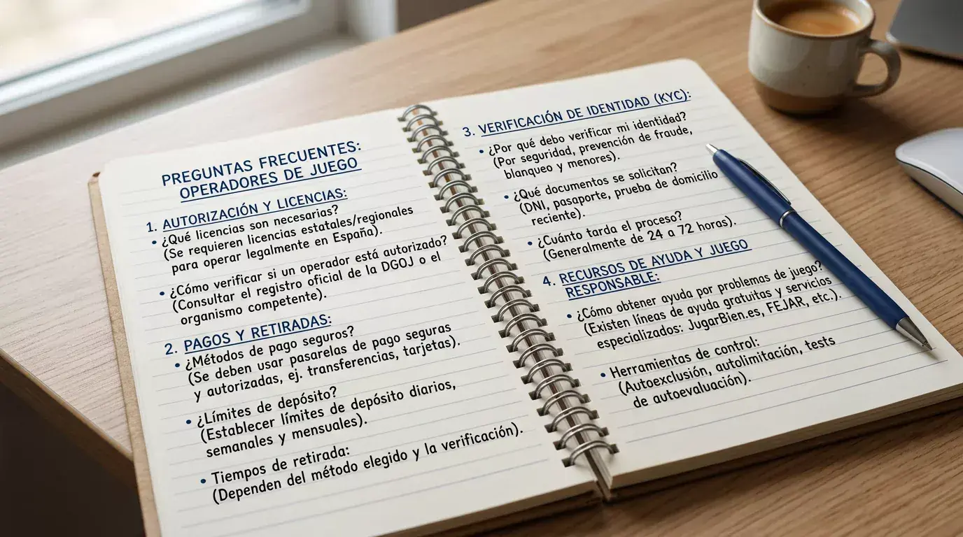 Cuaderno con preguntas frecuentes sobre operadores de juego, pagos y protección